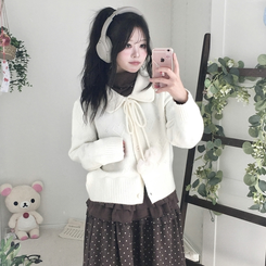 아이시 리본폼폼 솜뭉 긴팔 카라 니트 가디건 아이보리