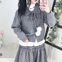 아이시 리본폼폼 솜뭉 긴팔 카라 니트 가디건 먹색