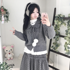 아이시 리본폼폼 솜뭉 긴팔 카라 니트 가디건 먹색