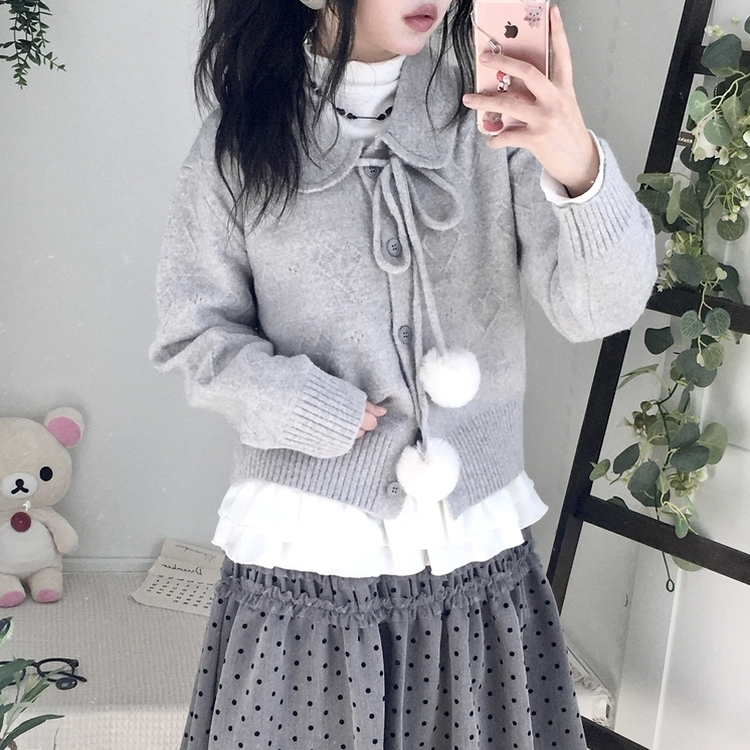 아이시 리본폼폼 솜뭉 긴팔 카라 니트 가디건 그레이