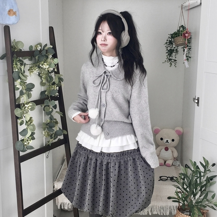 아이시 리본폼폼 솜뭉 긴팔 카라 니트 가디건 그레이