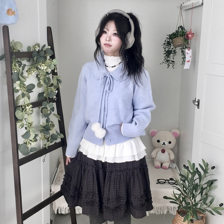 아이시 리본폼폼 솜뭉 긴팔 카라 니트 가디건 소라