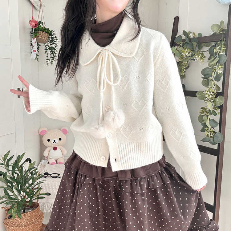 아이시 리본폼폼 솜뭉 긴팔 카라 니트 가디건 아이보리