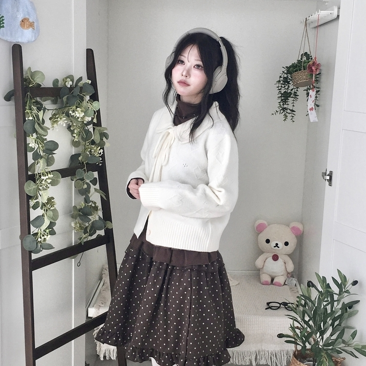 아이시 리본폼폼 솜뭉 긴팔 카라 니트 가디건 아이보리