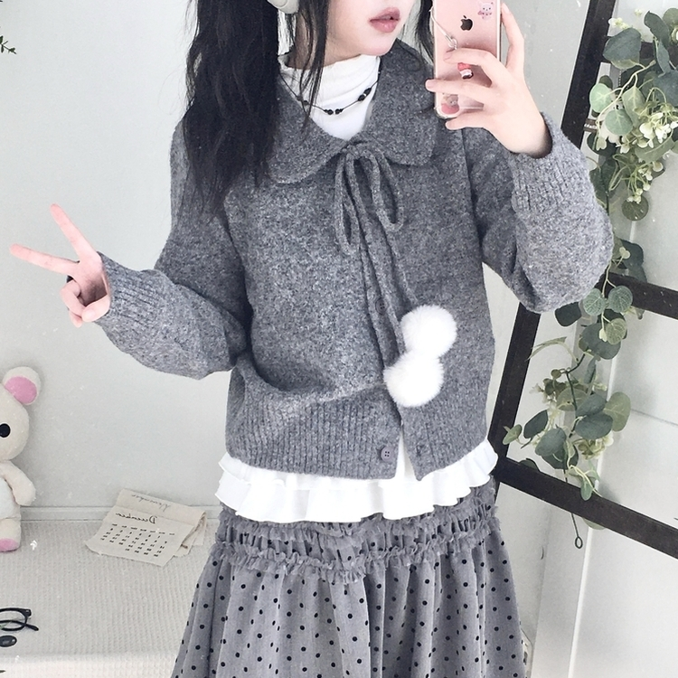 아이시 리본폼폼 솜뭉 긴팔 카라 니트 가디건 먹색