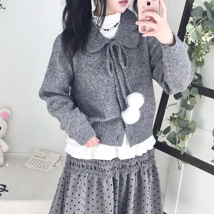 아이시 리본폼폼 솜뭉 긴팔 카라 니트 가디건 먹색