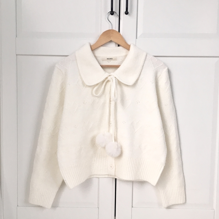 아이시 리본폼폼 솜뭉 긴팔 카라 니트 가디건