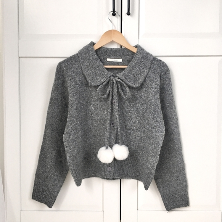아이시 리본폼폼 솜뭉 긴팔 카라 니트 가디건