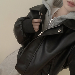 レイヤードフードレザーフードジャンパー BLACK