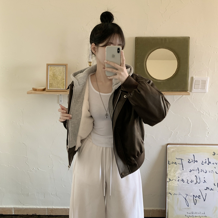 レイヤードフードレザーフードジャンパー CHESTNUT BROWN