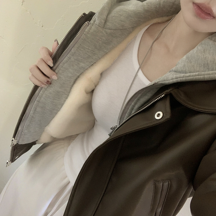 レイヤードフードレザーフードジャンパー CHESTNUT BROWN