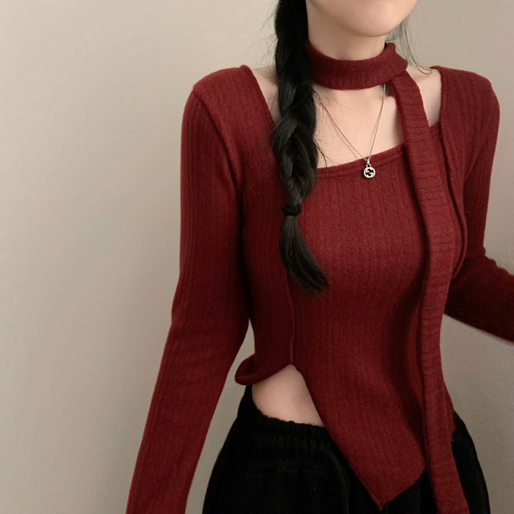 【マフラー付き】スクエアVスリット長袖Tシャツ WINE