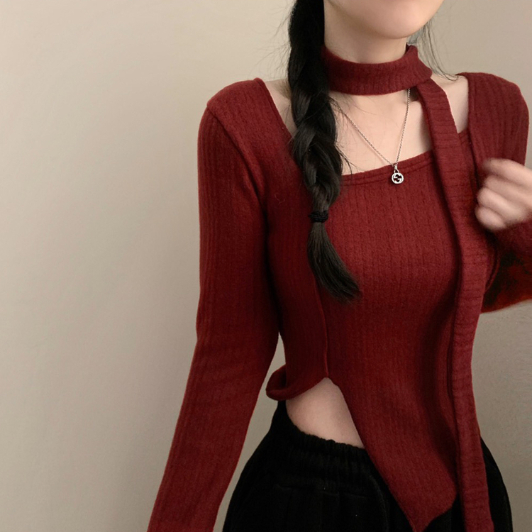 【マフラー付き】スクエアVスリット長袖Tシャツ WINE