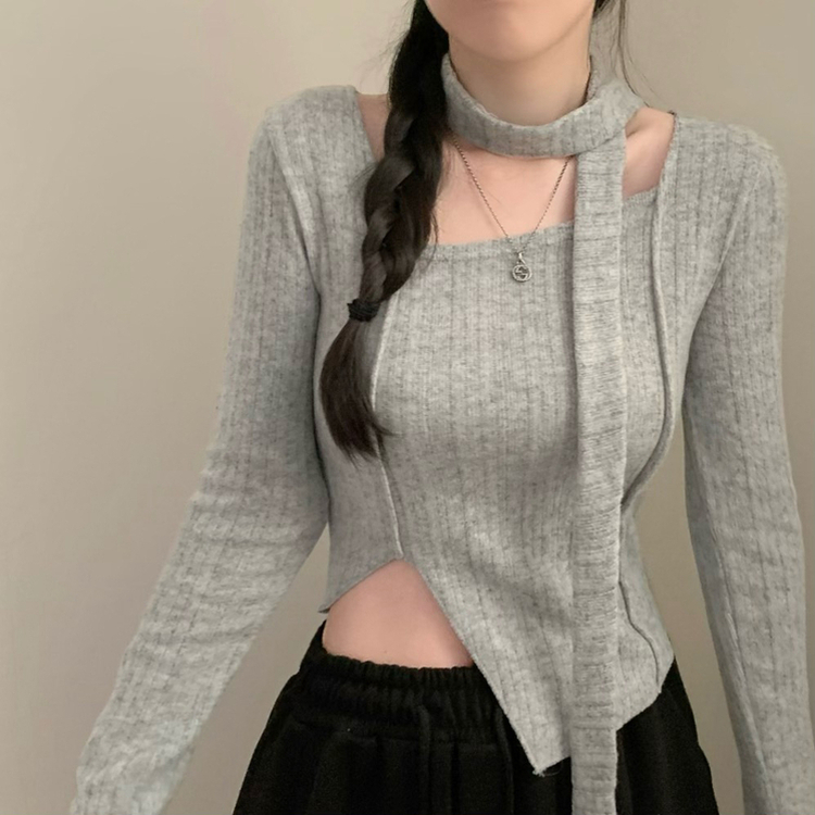 【マフラー付き】スクエアVスリット長袖Tシャツ GREY