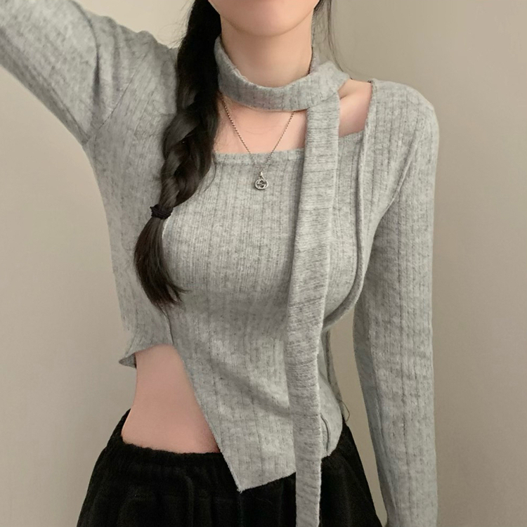 【マフラー付き】スクエアVスリット長袖Tシャツ GREY