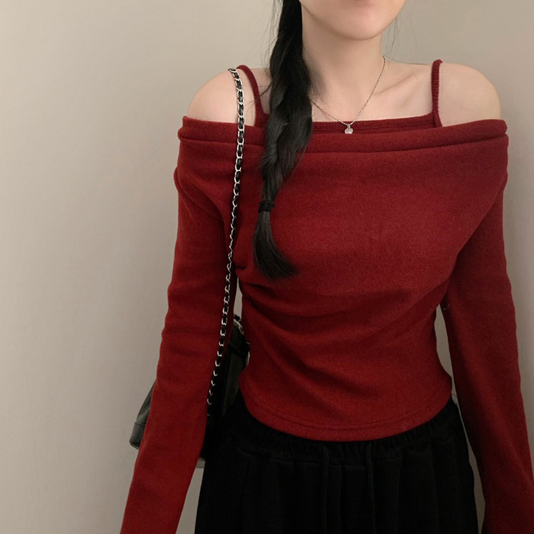 ドレープオフショルダー長袖Tシャツ(5color) WINE