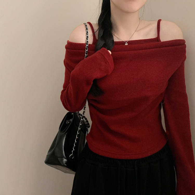 ドレープオフショルダー長袖Tシャツ(5color) WINE