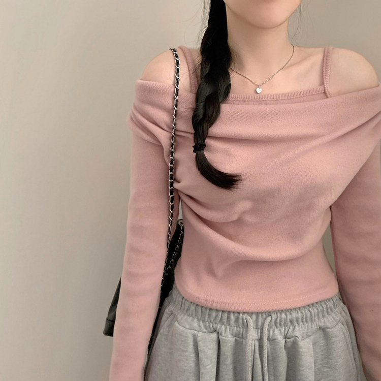 ドレープオフショルダー長袖Tシャツ(5color) PINK