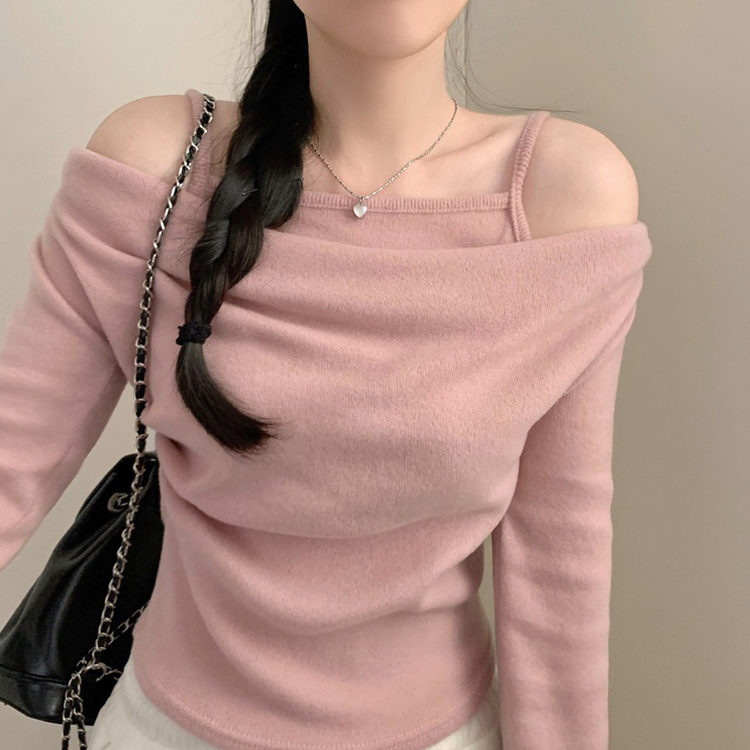 ドレープオフショルダー長袖Tシャツ(5color) PINK