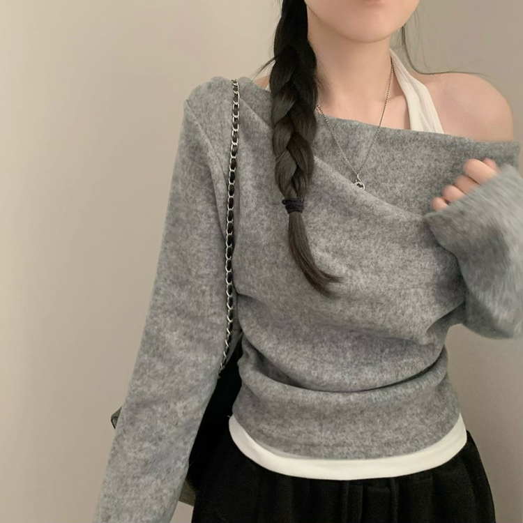 レイヤードワンオフドレープ長袖Tシャツ GREY