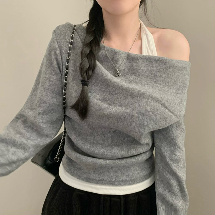 レイヤードワンオフドレープ長袖Tシャツ GREY