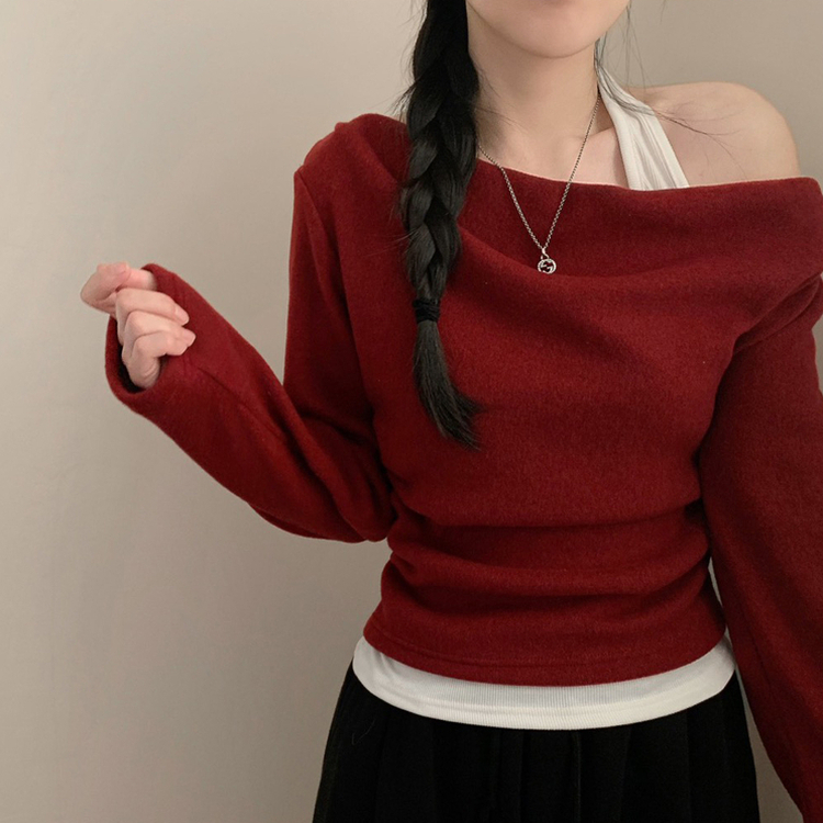 レイヤードワンオフドレープ長袖Tシャツ WINE