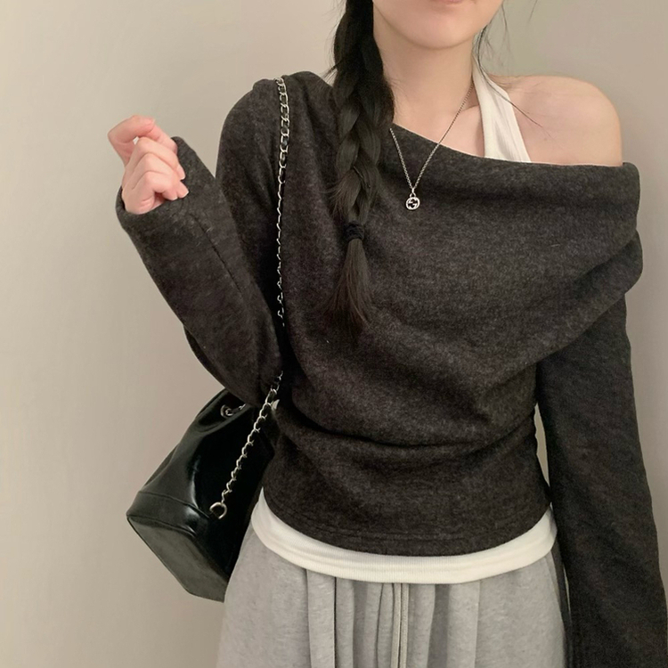 レイヤードワンオフドレープ長袖Tシャツ CHARCOAL