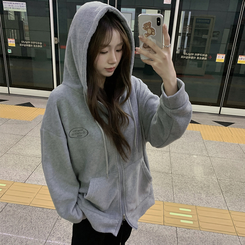 刺繍ストリングフードジップアップ GREY