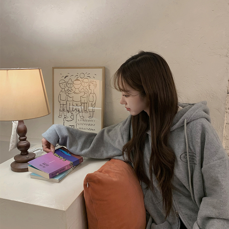 刺繍ストリングフードジップアップ GREY