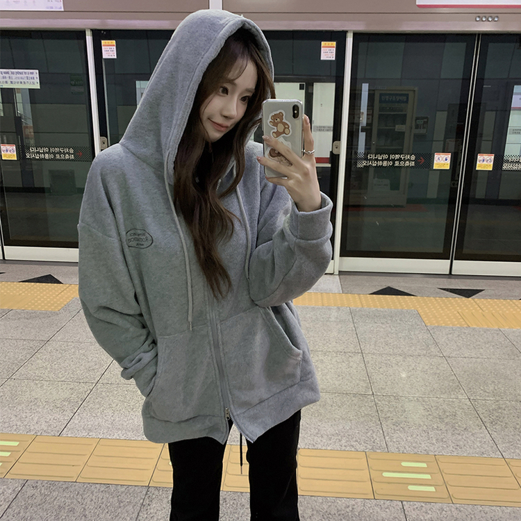 刺繍ストリングフードジップアップ GREY