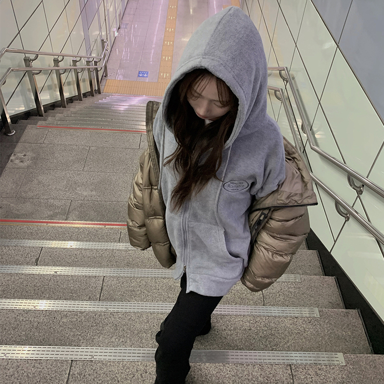 刺繍ストリングフードジップアップ GREY