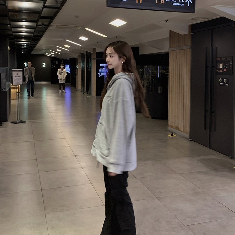 刺繍ストリングフードジップアップ GREY