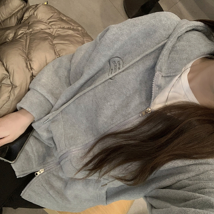 刺繍ストリングフードジップアップ GREY