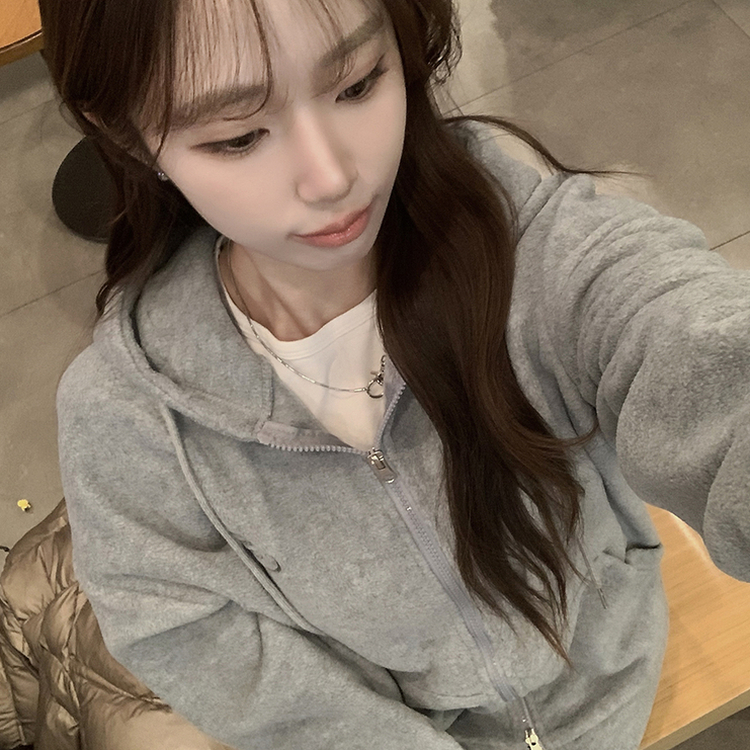 刺繍ストリングフードジップアップ GREY