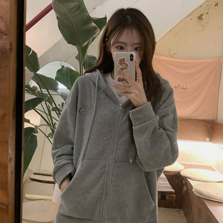 刺繍ストリングフードジップアップ GREY