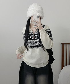 ノルディックパターンハーフジップアップニット IVORY