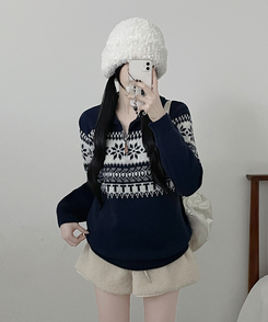 ノルディックパターンハーフジップアップニット NAVY