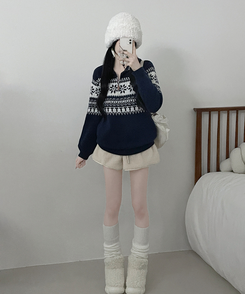 ノルディックパターンハーフジップアップニット NAVY