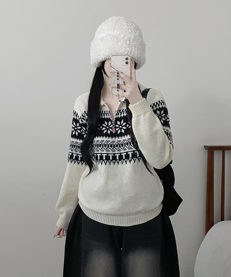 ノルディックパターンハーフジップアップニット IVORY