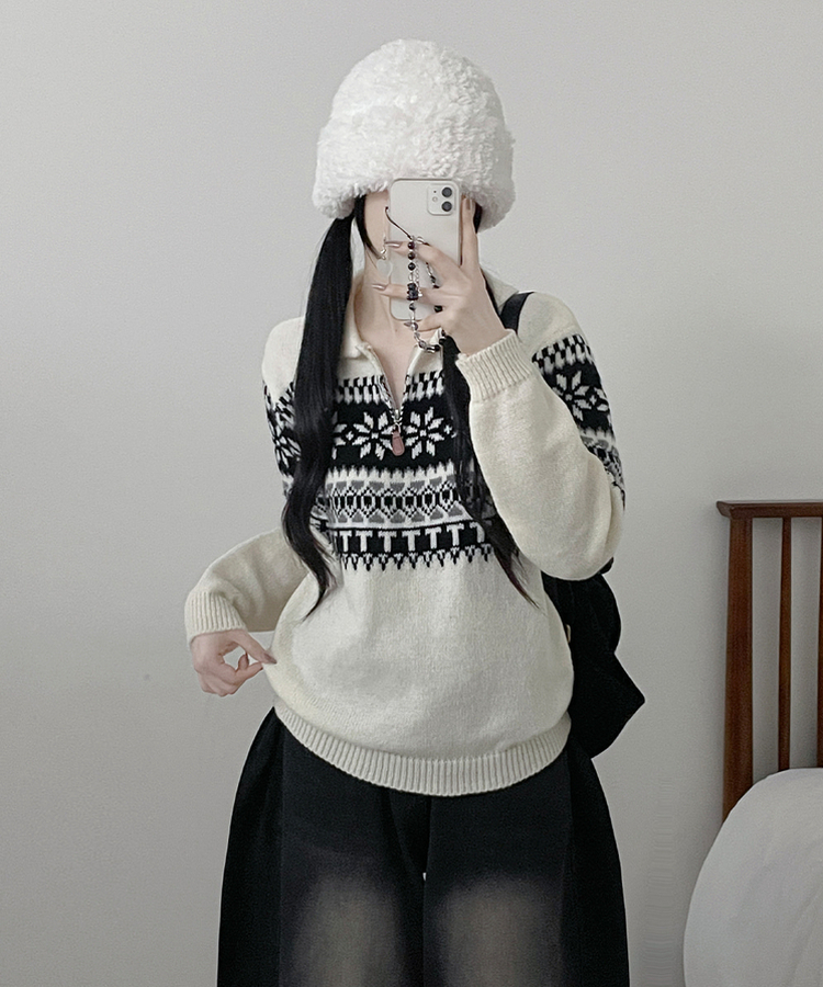 ノルディックパターンハーフジップアップニット IVORY