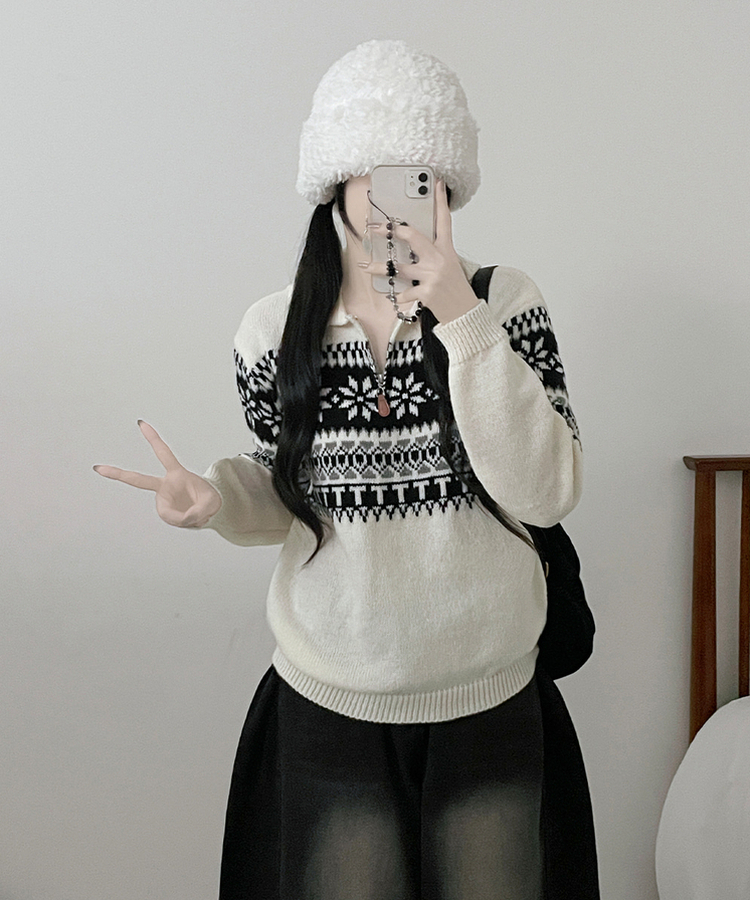 ノルディックパターンハーフジップアップニット IVORY