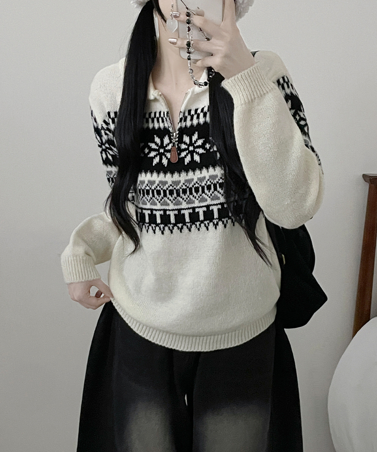 ノルディックパターンハーフジップアップニット IVORY