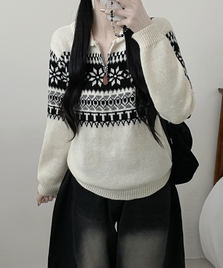 ノルディックパターンハーフジップアップニット IVORY