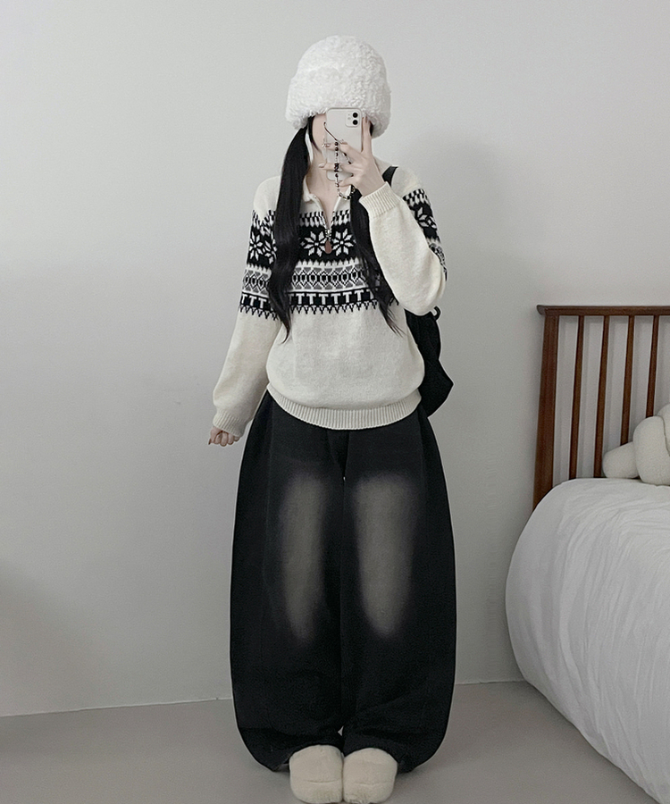 ノルディックパターンハーフジップアップニット IVORY