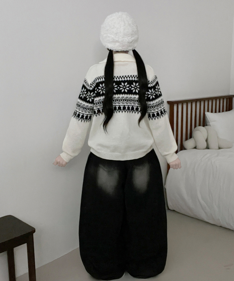 ノルディックパターンハーフジップアップニット IVORY