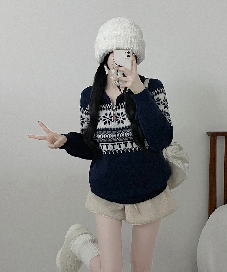 ノルディックパターンハーフジップアップニット NAVY