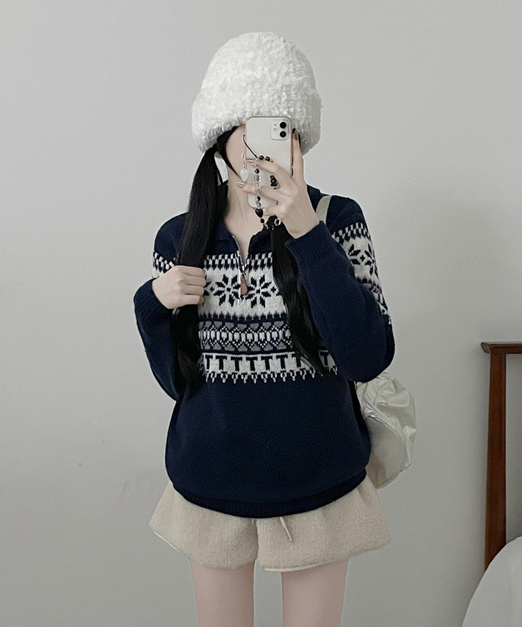 ノルディックパターンハーフジップアップニット NAVY
