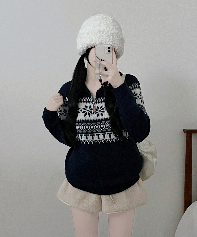 ノルディックパターンハーフジップアップニット NAVY