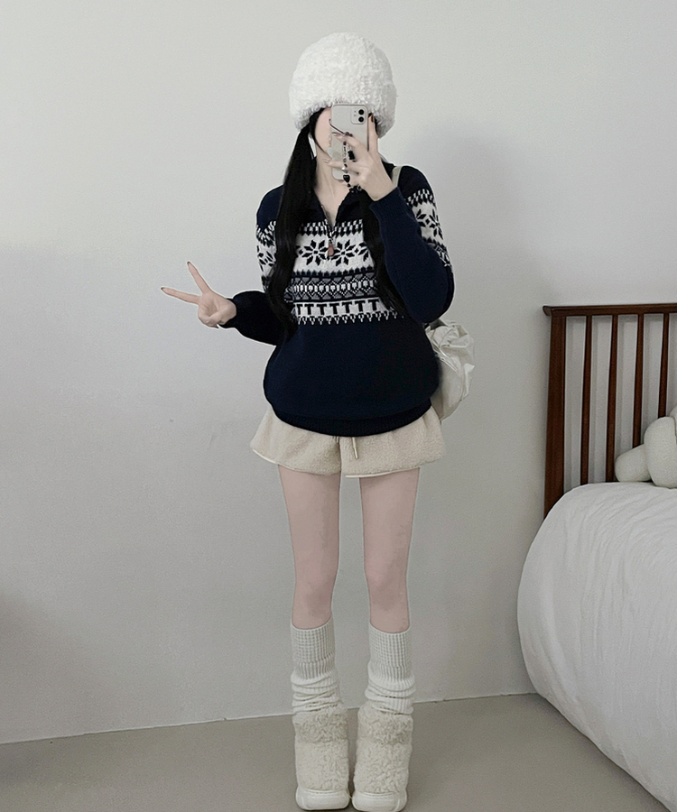 ノルディックパターンハーフジップアップニット NAVY