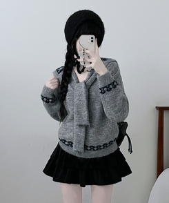 【ショール付き】ペイズリーリボンニット GREY